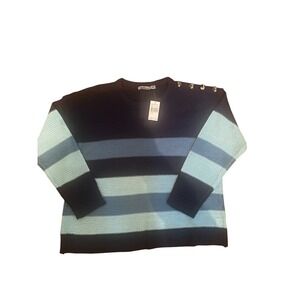Jason Maxwell Women's 2X Navy Combo‎ Striped Crew Neck Long Sleeve Sweater